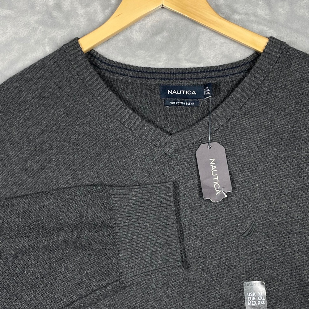 Nautica Mens V-Neck Sweater Charcoal Heather Pima Cotton Blend XL S63212 NEW